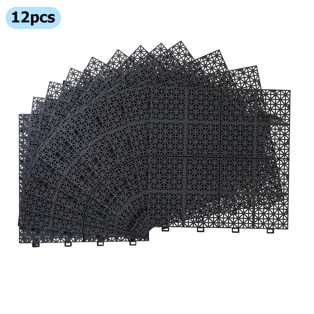 Black 1 ft. x 1 ft. All-Weather Plastic Outdoor Interlocking Deck Tiles Cro