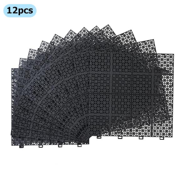 BTMWAY Black 1 ft. x 1 ft. All-Weather Plastic Outdoor Interlocking Deck Tiles Cross Stripe Pattern Garage Floor Tiles(12-Pack)