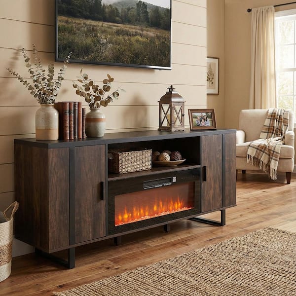 IHOMEadore 72 in. Black Freestanding Fireplace TV Stand Fits Up to