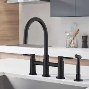 Modern Double-Handle 360-Degree Swivel Spout Bridge Kitchen Faucet with Side Sprayer in Matte Black