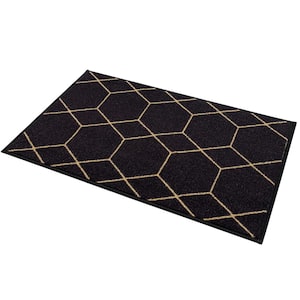 Hexagon Design Black Gold Color 19.5 in. x 32 in. Polyamide Stair Tread Cover Matching Mat