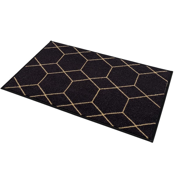 Hexagon Design Black Gold Color 19.5 in. x 32 in. Polyamide Stair Tread Cover Matching Mat