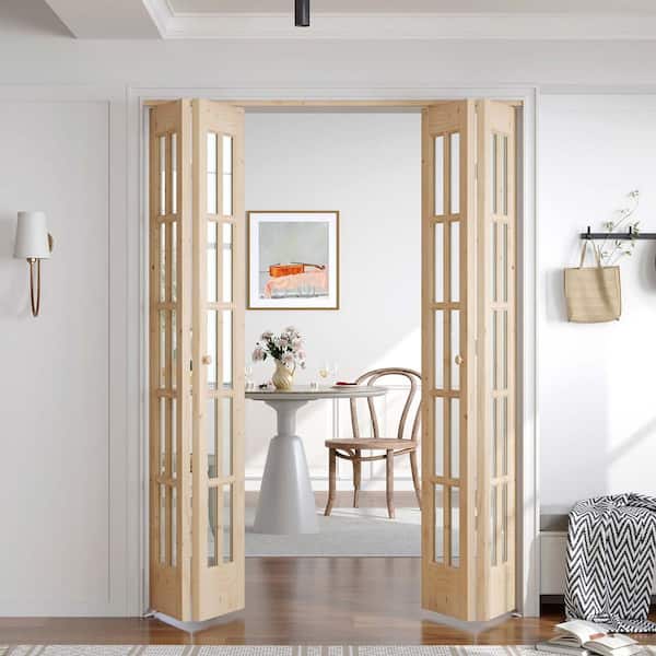 56 in. x 80 in. Pre Assembled Clear Glass Solid Core Wood Brown Bi-fold Door with Hardware