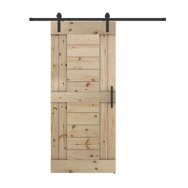 Dessliy 24 in. x 84 in. Short Bar Series Fully Set Up Unfinished Pine Wood Sliding Barn Door with Hardware Kit