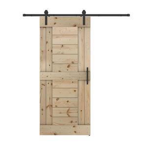 Short Bar 36 in. x 84 in. Fully Set Up Unfinished Pine Wood Sliding Barn Door with Hardware Kit