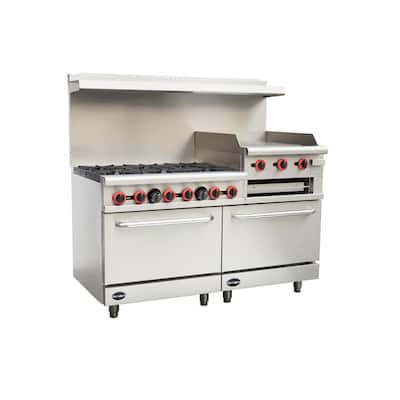 60 in. 5.6 cu. ft. Commercial 6 Burner Double Oven Gas Range and Griddle and Broiler in Stainless Steel