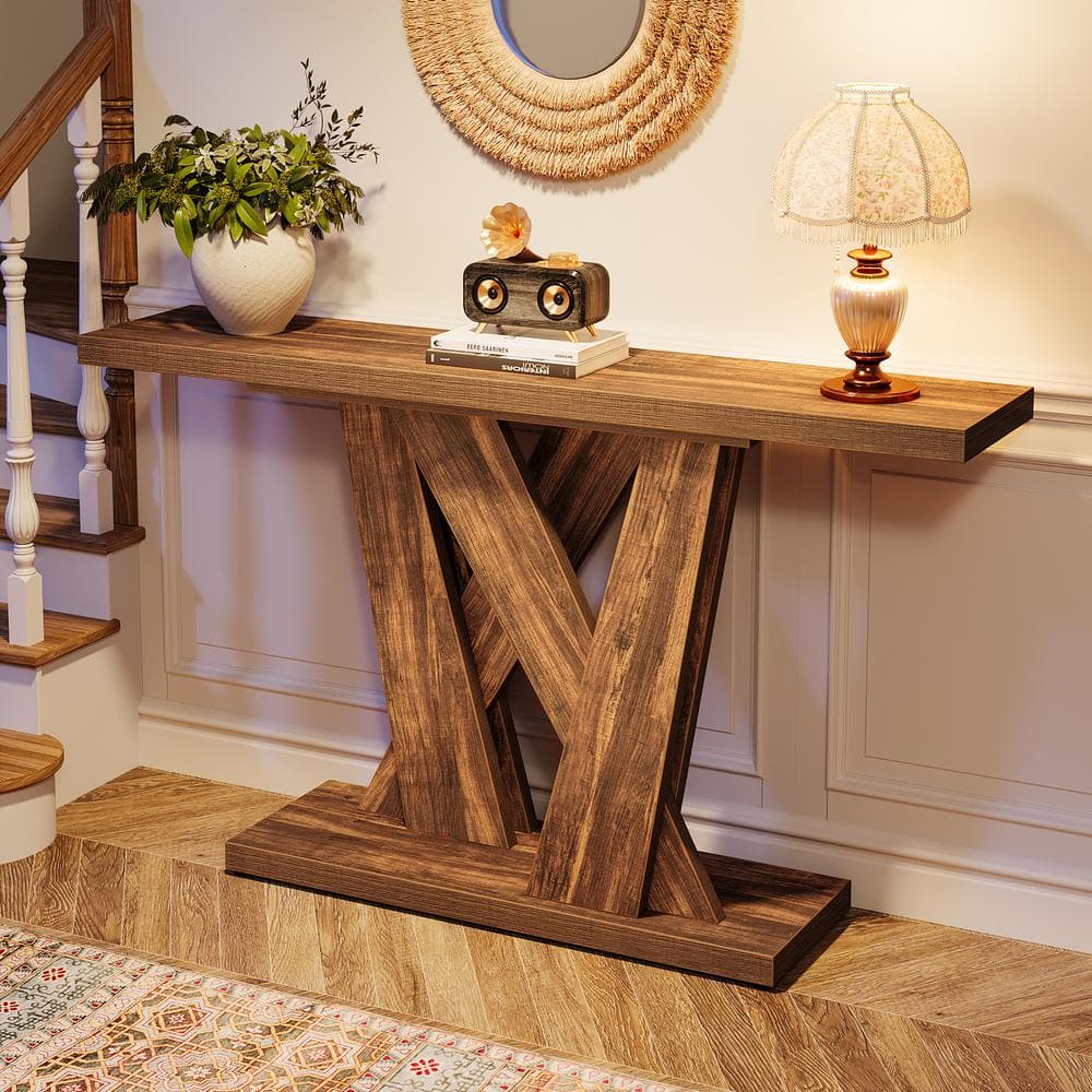 Rustic Brown 55'' Wood Console Table with Geometric Base