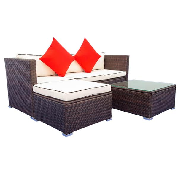 Afoxsos 3-Piece Patio Wicker Rattan Outdoor Furniture Sectional Sofa Set with White Cushions