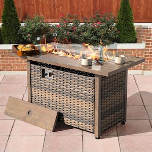 43 in. W x 25 in. H Rectangle Metal and Rattan Propane Gas Brown Fire Pit Table with Lid, Glass Beads and Wind Guard