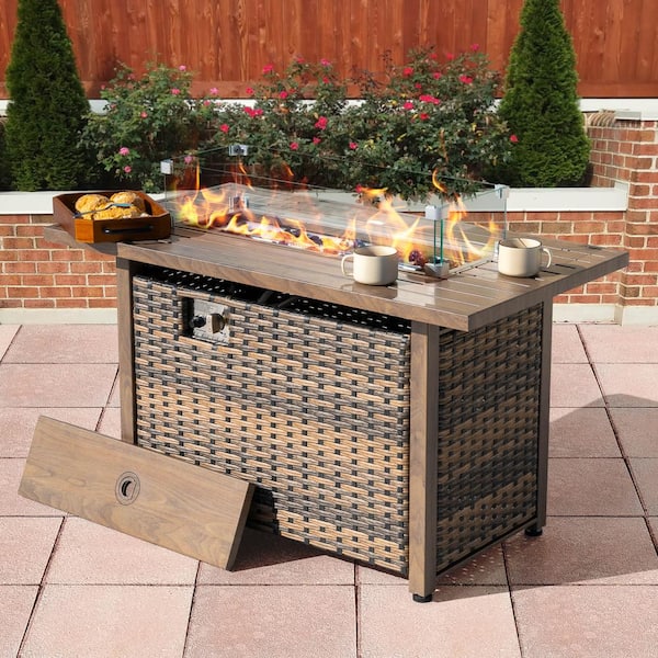 43 in. W x 25 in. H Rectangle Metal and Rattan Propane Gas Brown Fire Pit Table with Lid, Glass Beads and Wind Guard
