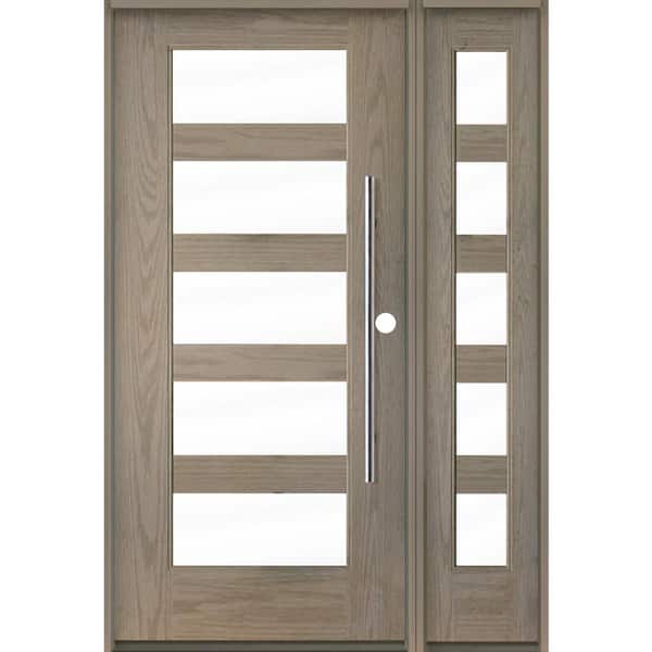 Krosswood Doors Faux Pivot 50 in. x 80 in. 5-Lite Left-Hand/Inswing Clear Glass Oiled Leather Stain Fiberglass Prehung Front Door w/RSL