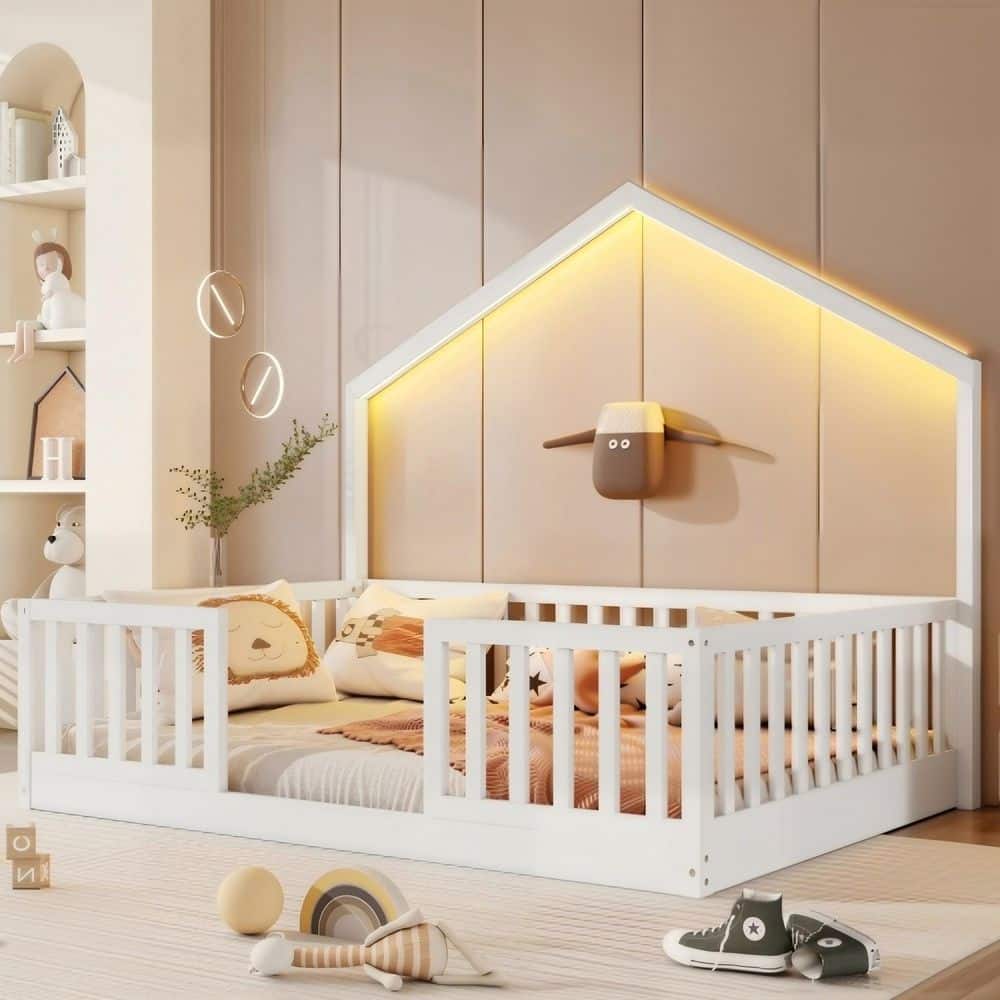 Montessori Floor Bed with House Frame White Wood Frame Twin Kids Platform Bed with LED Light and Safety Rails price history on PriceWatchPro
