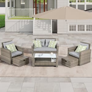 6-Piece PE Rattan Wicker Patio Conversation Set with Dark Grey Cushions