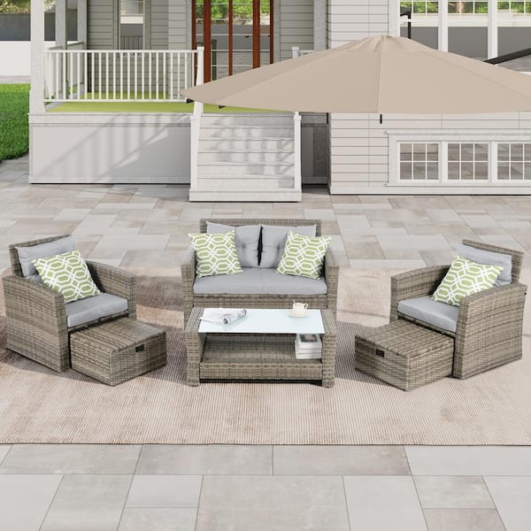 JimsMaison 6-Piece PE Rattan Wicker Patio Conversation Set with Dark Grey Cushions