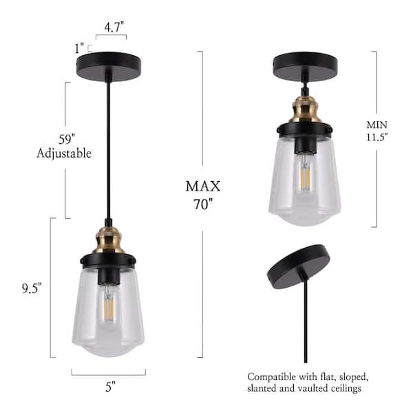 Modern Kitchen Island Chandelier Pendant Light 1-Light Black and Brass Cylinder Pendant Light with Clear Glass Shade
