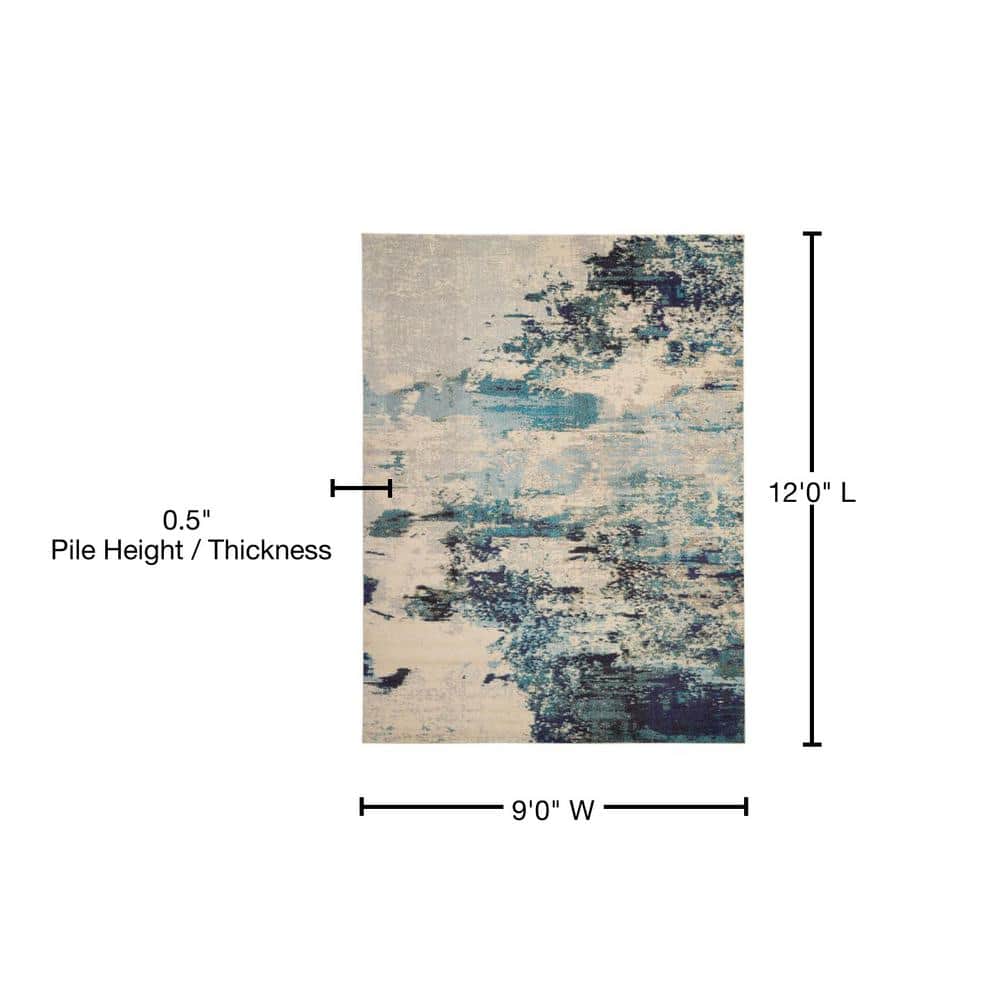 Celestial Swirl 9' x 12' Ivory & Teal Blue Abstract Synthetic Rug