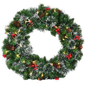 24 in. Green Pre-Lit LED Artificial Christmas Wreath Pinecone Red Berries 8 Flash Modes