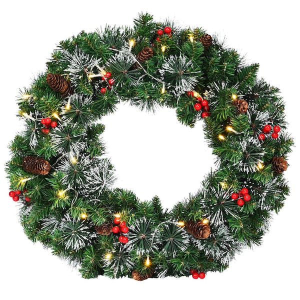 Costway 24 in. Green Pre-Lit LED Artificial Christmas Wreath with Pinecones and Red Berries