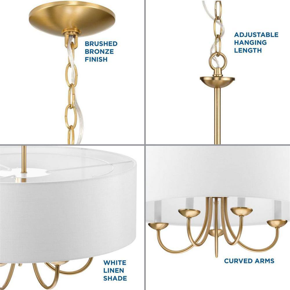 Brushed Bronze 5-Light Chandelier with White Drum Shade