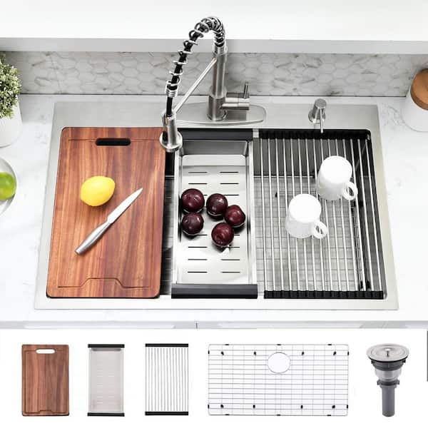 33 in. x 22 in. Drop In Kitchen Sink Workstation, Drop In Sink 16 Gage Stainless Steel Topmount Sinks Single Bowl