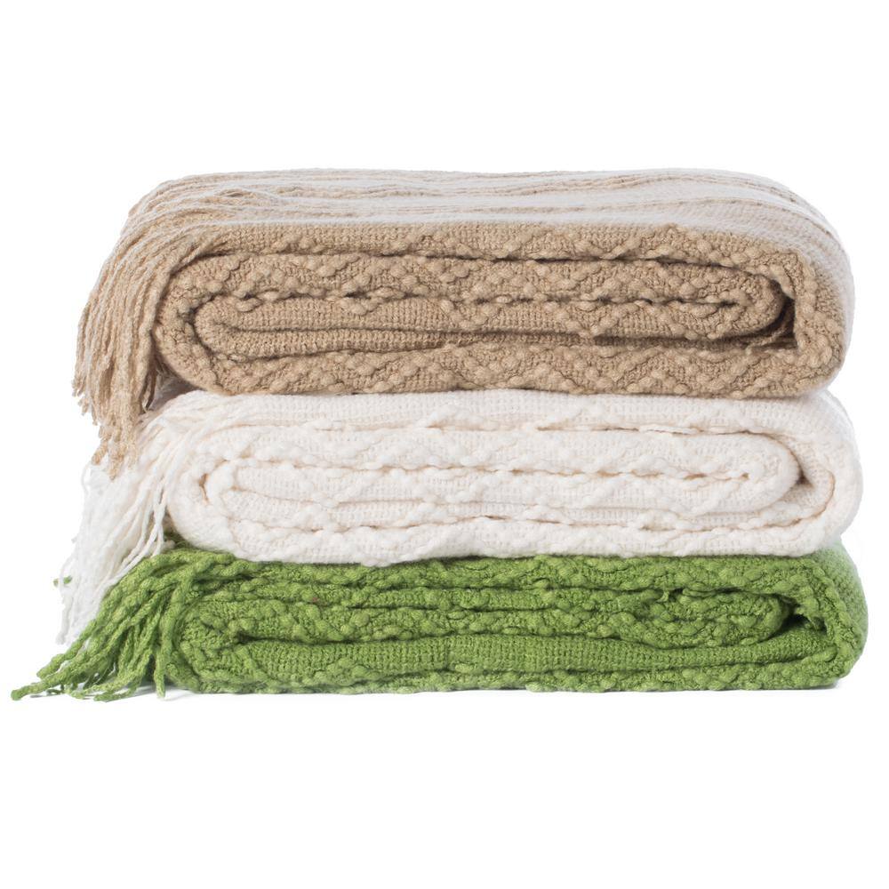 Cream Knitted Zigzag Pattern Throw Blanket with Fringe Edges