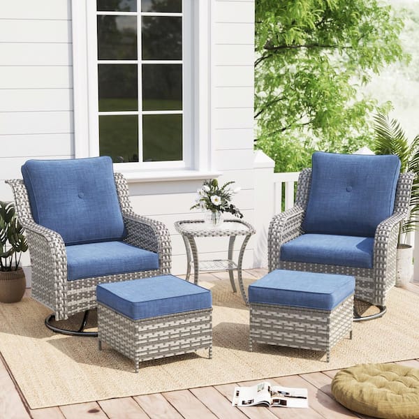 Poteban Light Gray (PE) Rattan 5-Piece Outdoor Conversation Set With Navy Blue Cushions-2 Swivel Sofas, 2 Ottomans, 1 Table.