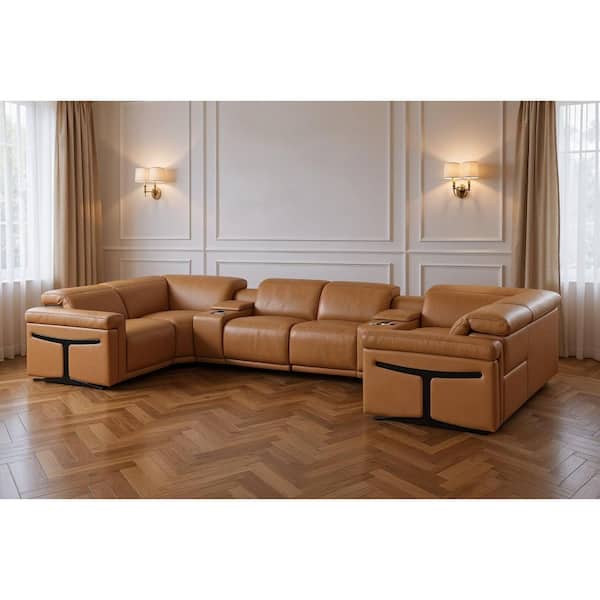 172.00 in. Square Arm 8-Piece Leather U-Shaped Sectional Sofa in Brown