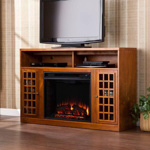Southern Enterprises Amelia 48 in. Freestanding Media Electric Fireplace TV Stand in Glazed Pine