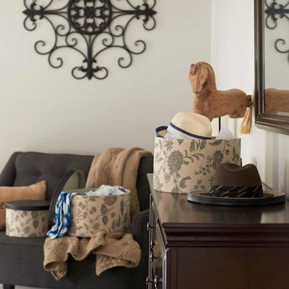 Set of Three Round Black and Tan Faux Leather Floral Storage Boxes