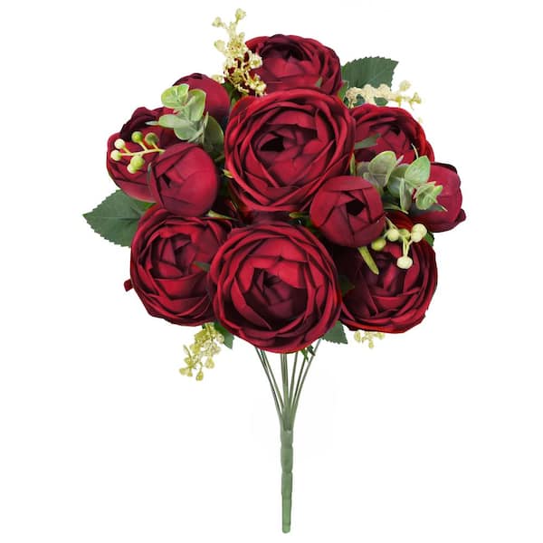 LIVING LUXURY 18 in. Red Artificial Ranunculus Flower Stem Bush Bouquet (Set of 2)