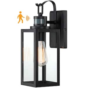 1-Light Black Motion Sensor Outdoor Wall Lantern Dusk to Dawn Light Fixture
