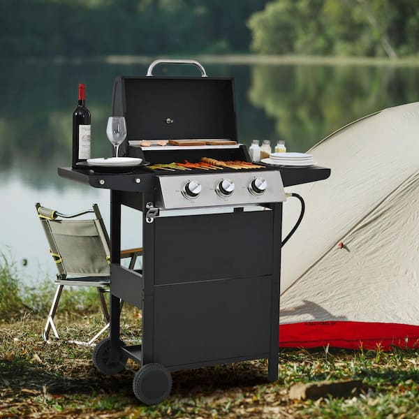 26000 BTU, 3-Burner Portable Propane Gas Grill with 2-Shelves, Lid, Wheels and Bottle Opener in Stainless Steel