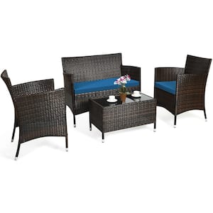 4-Piece Patio Rattan Conversation Set Outdoor Wicker Furniture Set with Tempered Glass in Navy Cushion