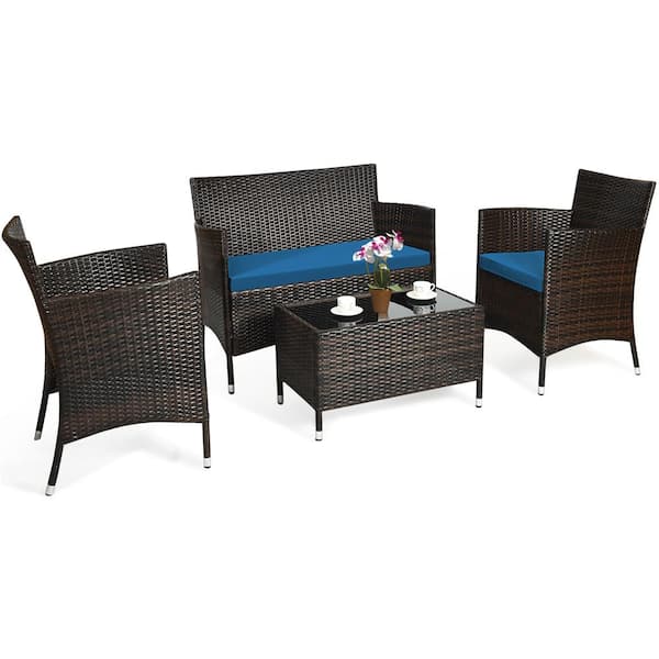 Costway 4-Piece Patio Rattan Conversation Set Outdoor Wicker Furniture Set with Tempered Glass in Navy Cushion