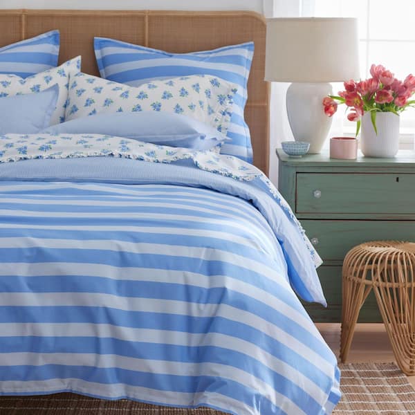 Company Cotton Sunshine & Blooms Blue Multi Stripe King/California King Cotton Percale Comforter