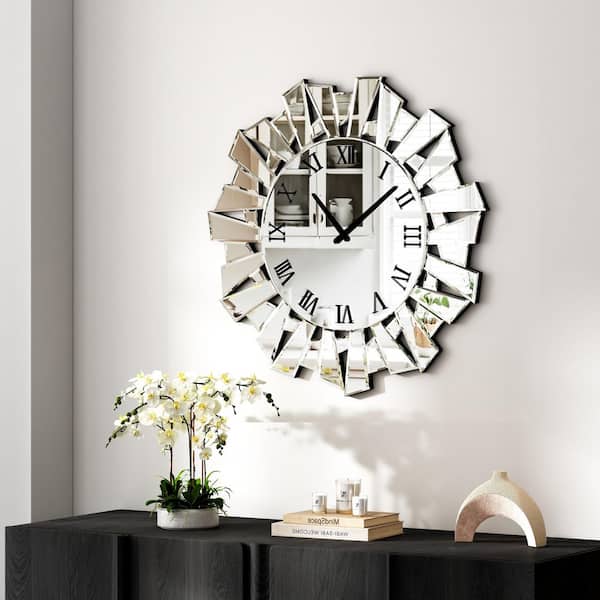 THKSHOUZ Sliver Analog Mirrored Glass Roman Numerals Wall Clock SF