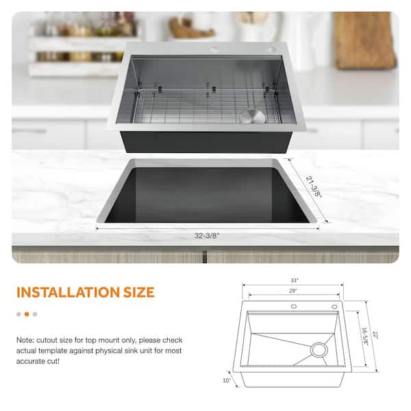 33” Workstation Kitchen Sink Drop-In Top Mount Stainless Steel