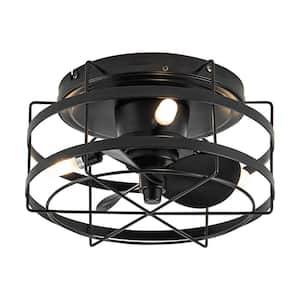 12.5 in. Indoor Matte Black Flush Mount Caged DC Motor Ceiling Fan with Remote Control and Light Bulbs Included