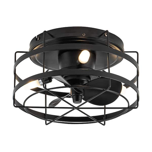 Parrot Uncle 12.5 in. Indoor Matte Black Flush Mount Caged DC Motor Ceiling Fan with Remote Control and Light Bulbs Included