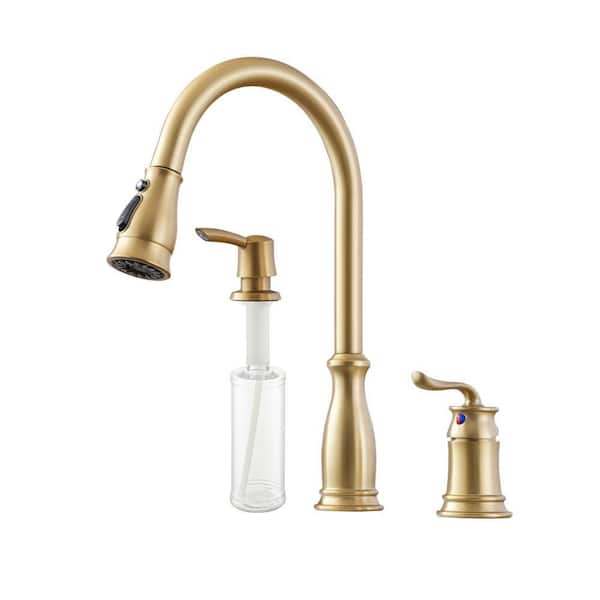 1.8 GPM 3-Spray Patterns Single Handle No Sensor Pull Down Sprayer Kitchen Faucet with Soap Dispenser in Brushed Gold