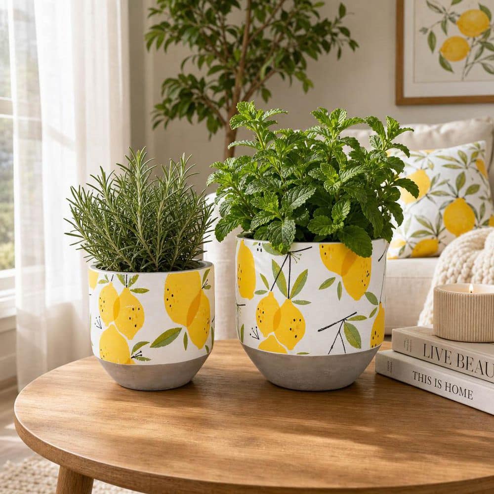 Liv & Skye 6 in. and 7 in. Yellow Ceramic Growing Lemons