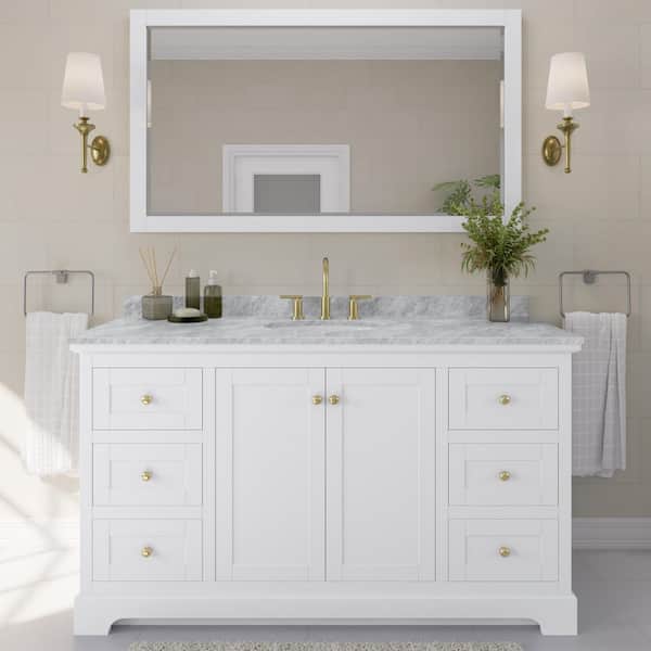 Wyndham Collection Avery 60 in. W x 22 in. D x 35 in. H Single Sink Bath Vanity in White with White Carrara Marble Top