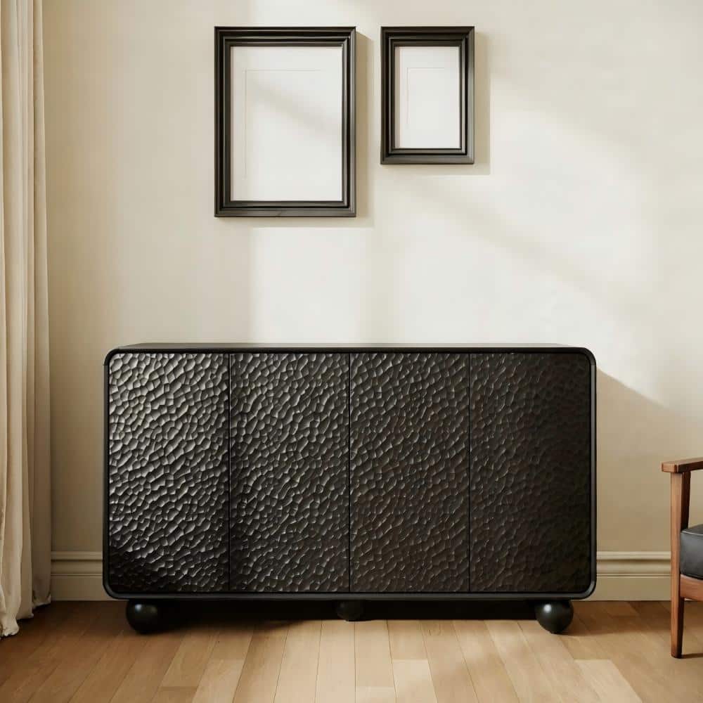 Black Natural Wood Buffet with Honeycomb Textured Doors, Rounded Safety Corners, Sphere Support Legs