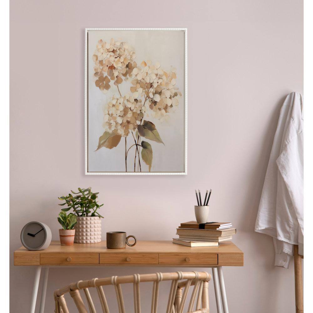 Soft Hydrangeas Beige and White Canvas Print with Beaded Frame
