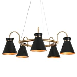 Noah Modern Industrial 5-Light Wagon Wheel Electroplated Brass Chandelier with Black Cone Shade for Dining Room