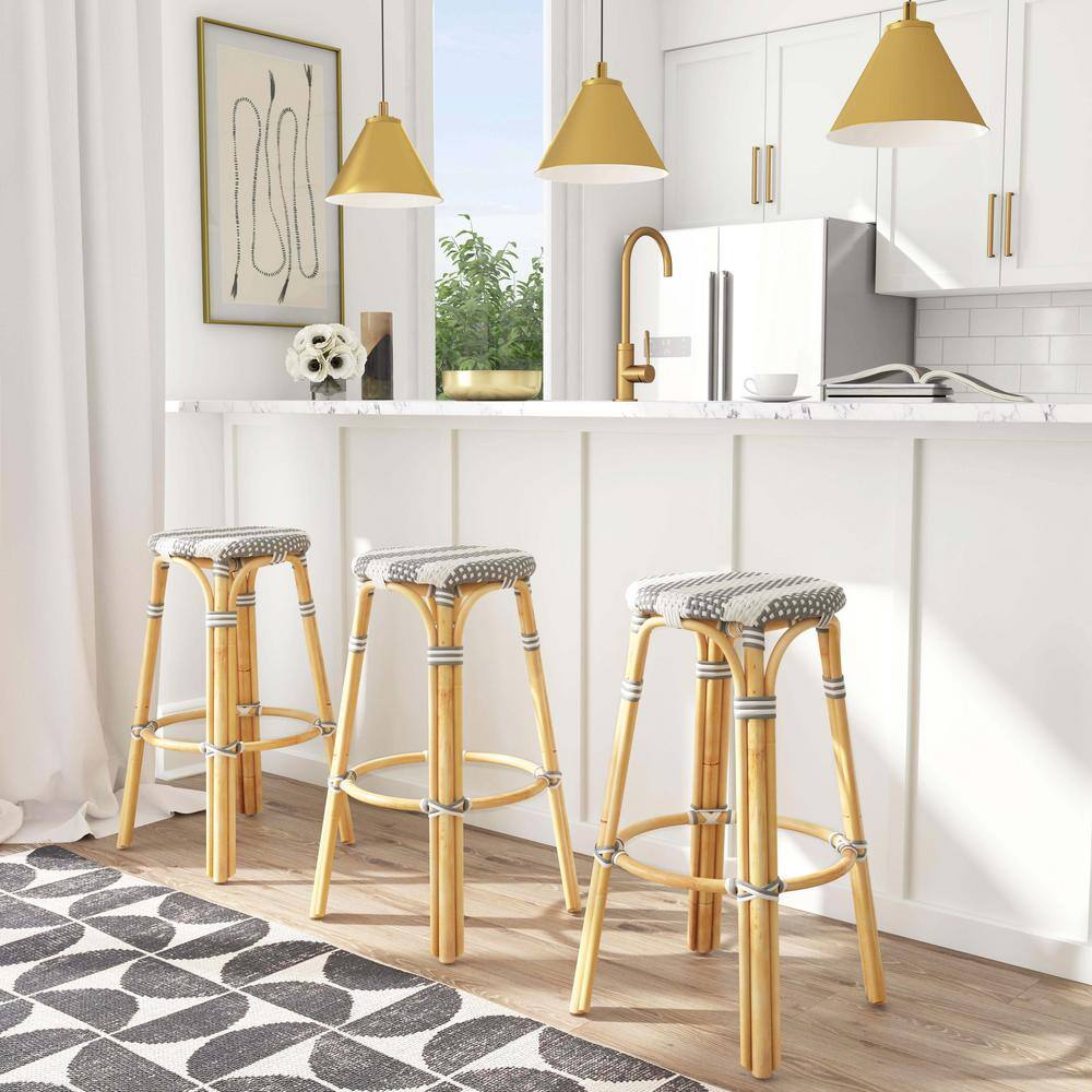 Damask Grey Striped 30" Round Rattan Coastal Bar Stool