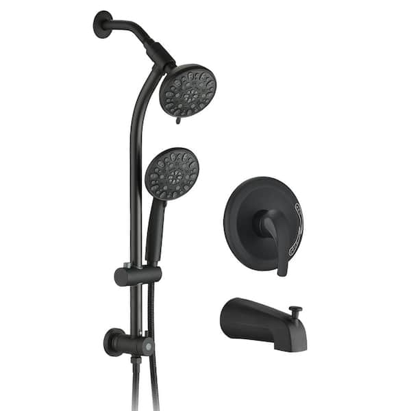 Flynama Drill-Free 7-Spray Round Dual Shower Head System with Tup Spout in Matte Black(Rough-in Valve Included)