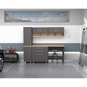 KRATOS 78.7 in. W x 70.9 in. H x 19.6 in. D 13 Shelves 5-Piece Wood Garage Freestanding Cabinets in Dark Gray and Maple