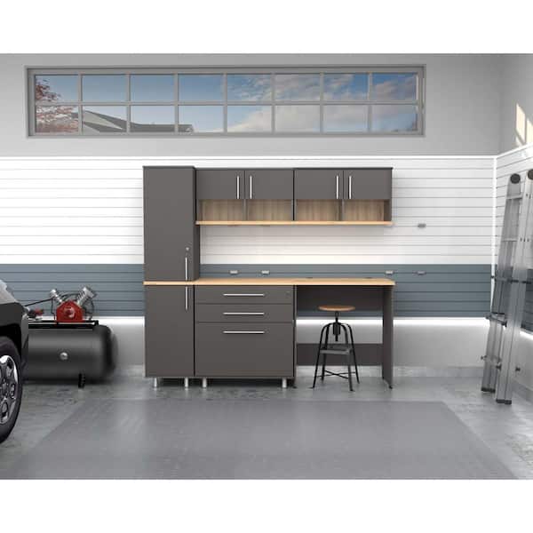 Inval KRATOS 78.7 in. W x 70.9 in. H x 19.6 in. D 13 Shelves 5-Piece Wood Garage Freestanding Cabinets in Dark Gray and Maple