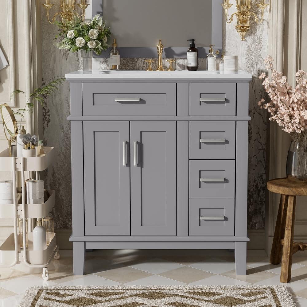 30 in. Single Sink Freestanding Gray Solid Wood Frame Bath Vanity with White Ceramic Top, Soft-Close Doors price history on PriceWatchPro